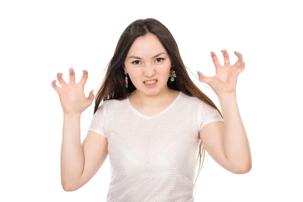 Portrait of an aggressive Asian woman with long hair isolated — Stock Photo, Image