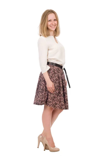 Fashion portrait young woman in skirt posing full length isolated over white — Stock Photo, Image