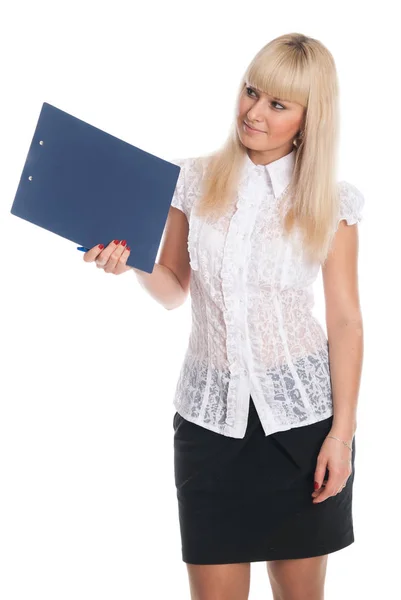 Junge Geschäftsfrau mit weißem Haar mit einem Tablet zum Schreiben. — Stockfoto