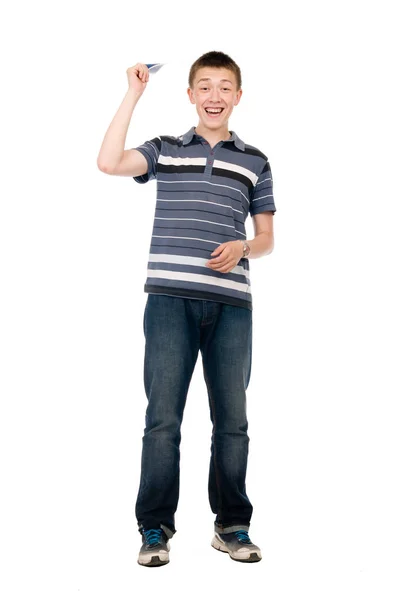 Happy casual young man wave blue brochure isolated over white — Stock Photo, Image