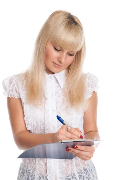 Młoda kobieta z białymi włosami z długopisem i tabletem do pisania. — Zdjęcie stockowe