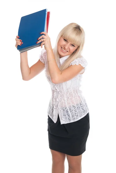 Vrolijke jonge vrouw met zakelijke mappen. — Stockfoto