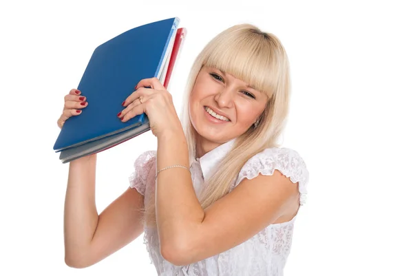 Close-up van een vrolijke jonge vrouw met zakelijke mappen. — Stockfoto