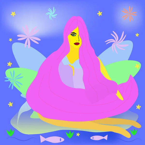 Fantastyczna ilustracja kobiety z długimi różowymi włosami na magicznym niebieskim tle. — Wektor stockowy