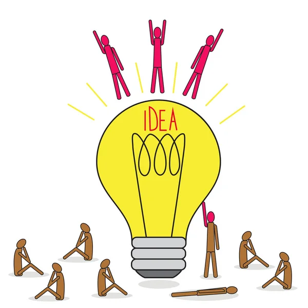 Ottima idea di brainstorming. Persone volanti con un'idea da una lampada. Un gruppo di persone intorno a una lampadina seduta . — Vettoriale Stock