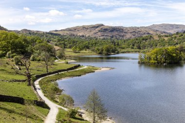 Çimen gölü bölgesi cumbria uk 'ta Rydal suyu. Gümüşi, güneşli bahar gününe doğru batıya bakıyor. Kimse yok.