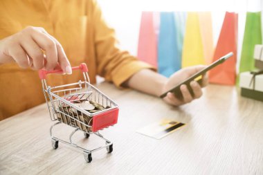 İnternet alışveriş konsepti için dizüstü bilgisayarı olan kadın ve küçük alışveriş arabası
