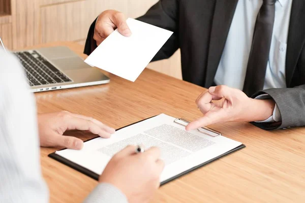 Business Man Sending Resignation Letter Boss Holding Stuff Resign Depress — Stock Photo, Image