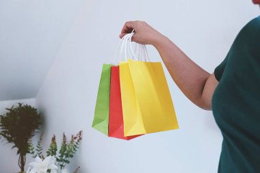 Asyalı kızlar ellerinde alışveriş torbaları tutuyor. Alışveriş merkezinde tüketim yaşam tarzı kavramı