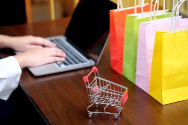 İnternet alışveriş konsepti için dizüstü bilgisayarı olan kadın ve küçük alışveriş arabası