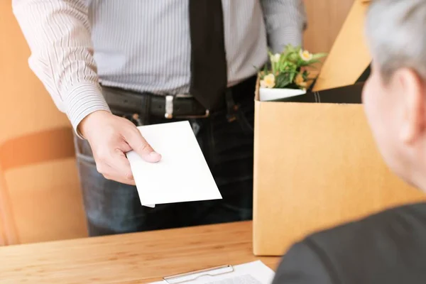 Business Man Sending Resignation Letter Boss Holding Stuff Resign Depress — Stock Photo, Image