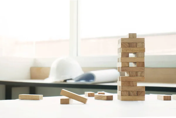 Blöcke Holz Spiel Jenga Bau Eines Kleinen Ziegels Konstruktionskonzept — Stockfoto