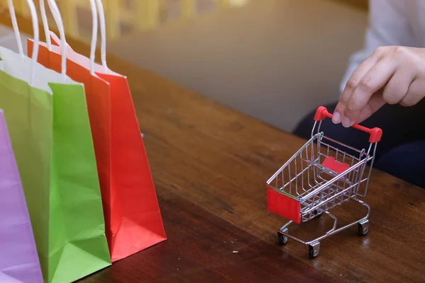 Woman Small Shopping Cart Laptop Internet Online Shopping Concept — Stock Photo, Image