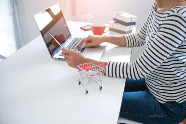 Woman Small Shopping Cart Laptop Internet Online — стокове фото