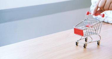 İnternet alışveriş konsepti için dizüstü bilgisayarı olan kadın ve küçük alışveriş arabası