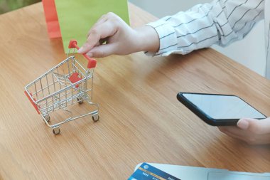 İnternet alışveriş konsepti için dizüstü bilgisayarı olan kadın ve küçük alışveriş arabası