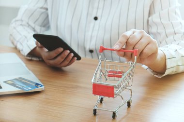 İnternet alışveriş konsepti için dizüstü bilgisayarı olan kadın ve küçük alışveriş arabası