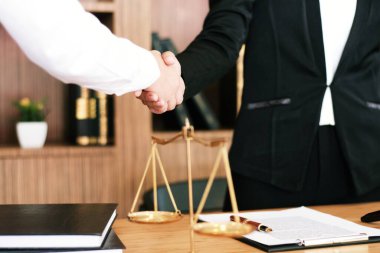 Müvekkille kadın avukat tokalaşması. İş ortaklığı toplantısı başarılı konsept