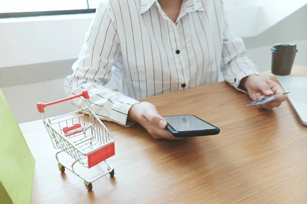 Woman Small Shopping Cart Laptop Internet Online Shopping Concept — Stock Photo, Image