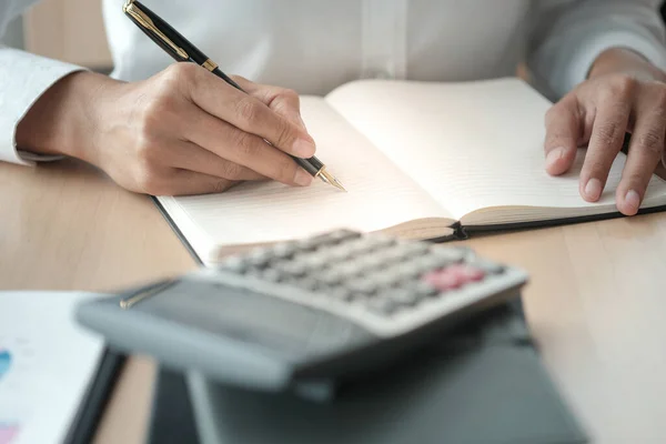 Businesswoman Analyzing Investment Charts Pressing Calculator Buttons Documents Accounting Concept — Stock Photo, Image