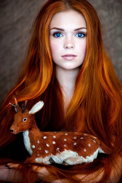 Red Haired Girl Gorgeous Long Hair Blue Eyes Toy Fawn — Stock Photo, Image
