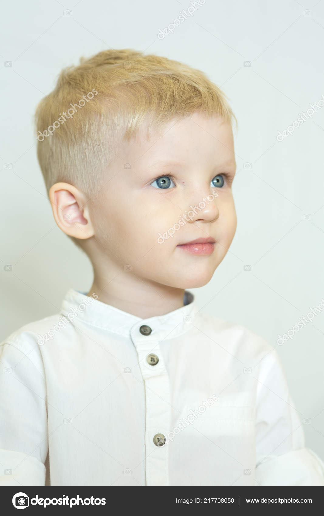 Portrait Little Serious Cute Boy Blue Eyes Blonde Hair White