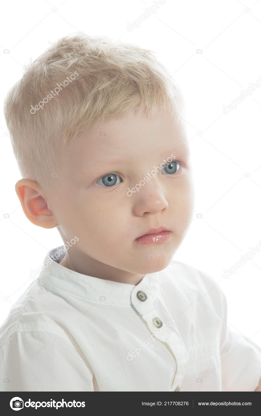 Portrait Little Serious Cute Boy Blue Eyes Blonde Hair White