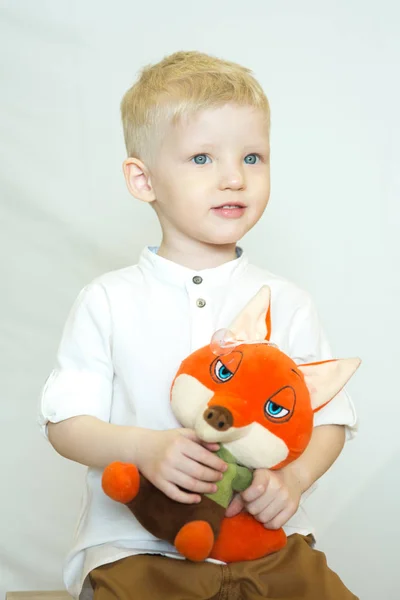 little smiling boy with toy Fox in hand on white background