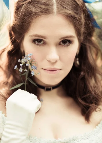 Close Portrait Beautiful Girl Historical Dress Gloves Flower Her Hands — Stock Photo, Image