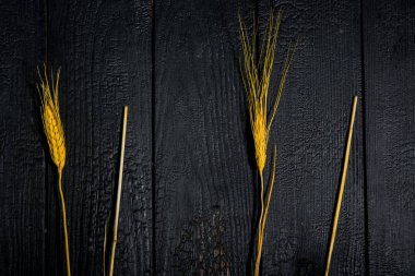 Yatay bileşim. Buğday kulaklı, siyah tahtalı bir yaşam. Aile mutluluğu kavramı