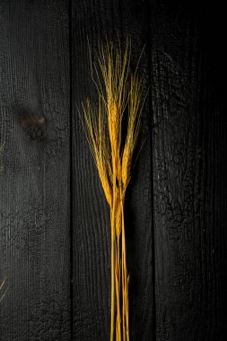 dikey bileşim, buğday kulaklarıyla siyah yanmış tahtalar üzerinde yaşam devam ediyor.