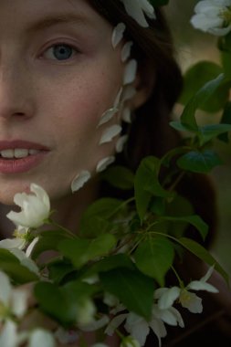 Sarı saçlı genç bir kızın yüzünün bir parçası, Apple ağaçlarının yapraklarının arasında duruyor, doğrudan kameraya bakıyor, yanaklarında elma yaprakları var.                               