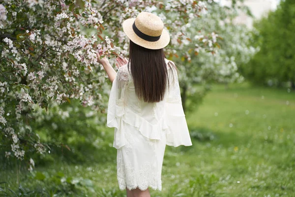 身穿白衣的美丽的亚洲女人 站在一棵树旁 手中拿着枝条 背对着相机站着 — 图库照片