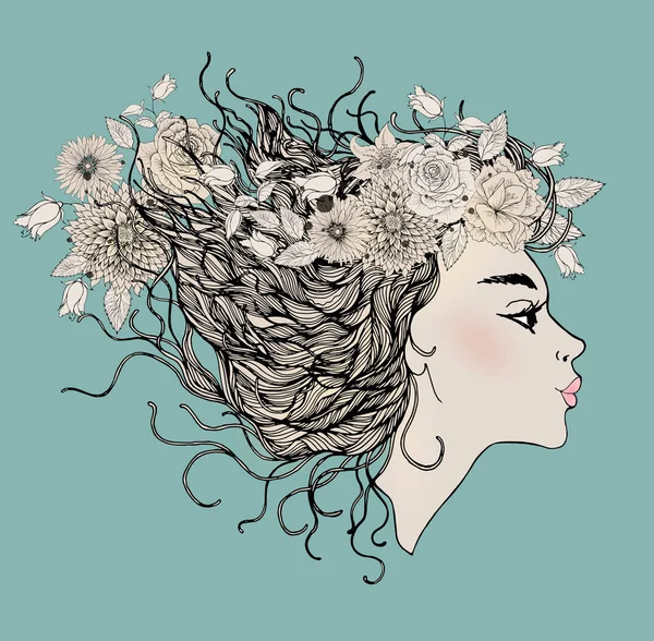 Πορτρέτο Του Όμορφη Μόδας Γυναίκα Αφηρημένα Πολύχρωμα Λουλούδια Διάνυσμα — Διανυσματικό Αρχείο