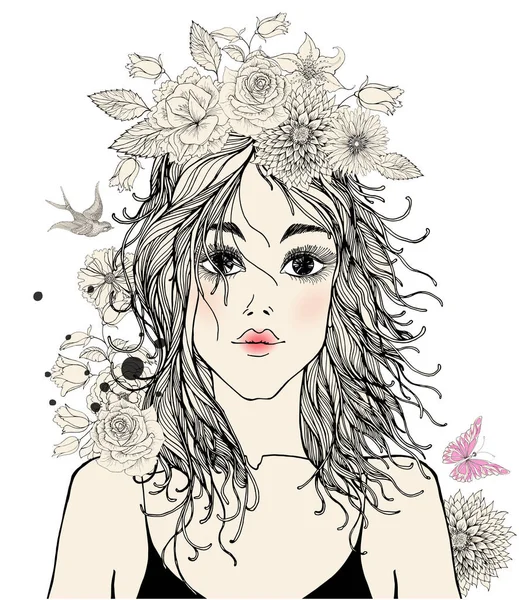 Portrét Krásné Módní Ženy Abstraktní Barevné Květy Vektor — Stockový vektor