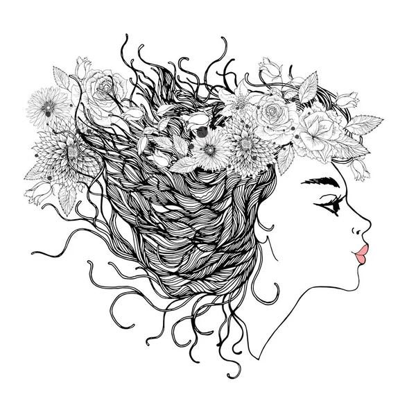 Πορτρέτο Του Όμορφη Μόδας Γυναίκα Αφηρημένα Πολύχρωμα Λουλούδια Διάνυσμα Royalty Free Εικονογραφήσεις Αρχείου