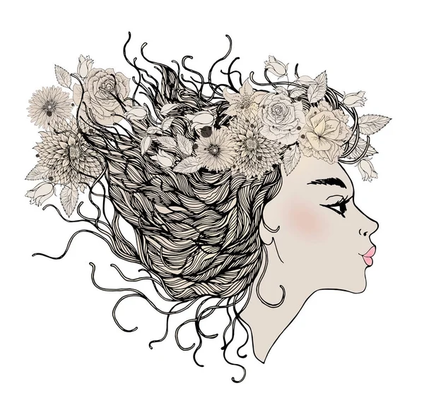 Portret Van Mooie Mode Vrouw Met Abstracte Kleurrijke Bloemen Vector Stockvector