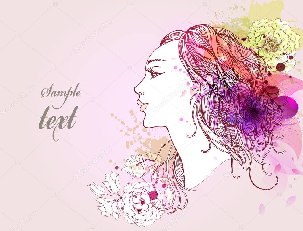 Portrait of beautiful fashion woman with abstract colorful flowers.Vector