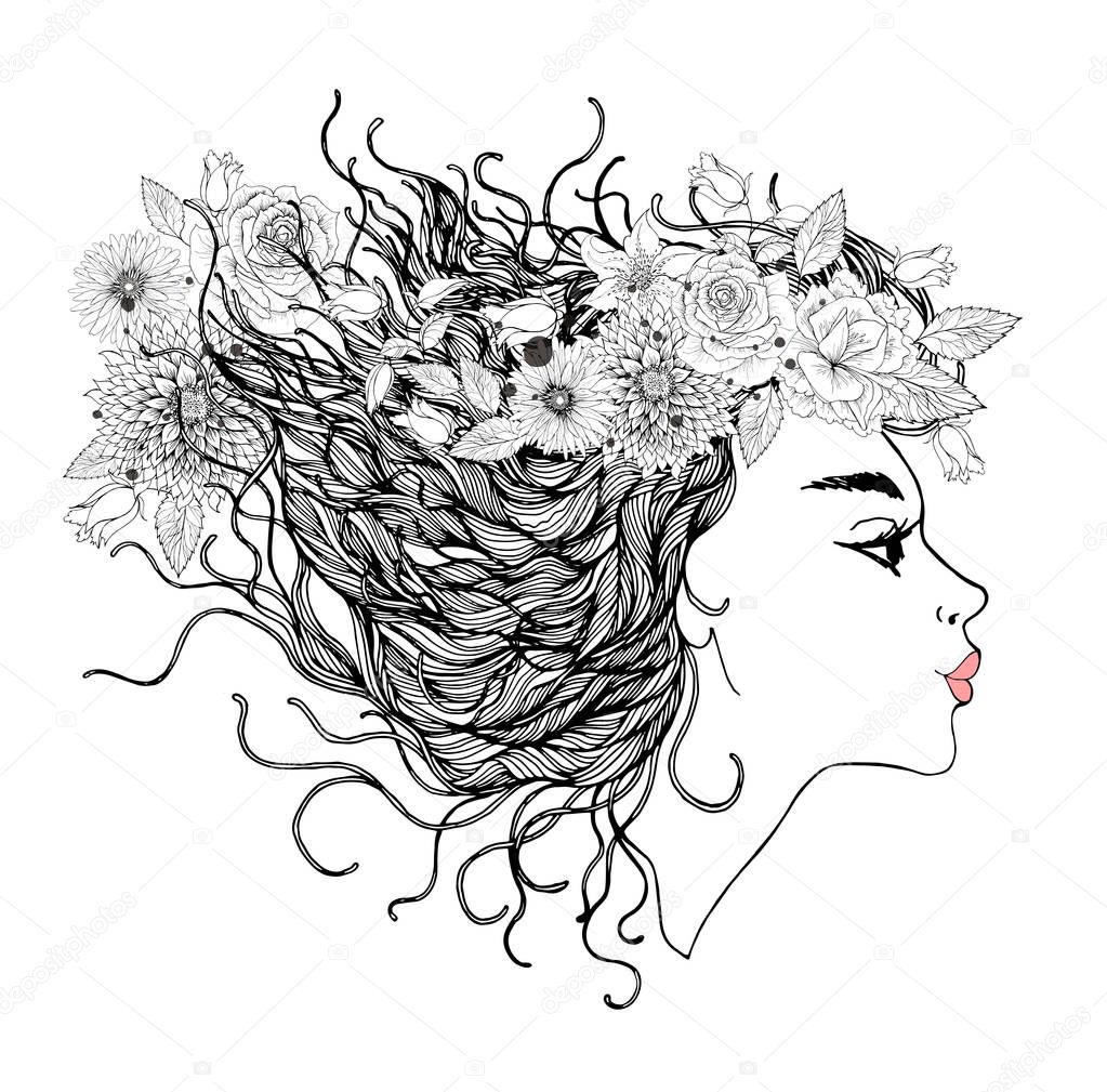 Portrait of beautiful fashion woman with abstract colorful flowers.Vector