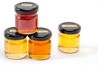 Beyaz arka planda etiketleri ile bal ile Kavanozlar