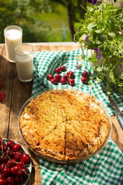 Çilekli turta, kiraz, kiraz ve bir bardak süt.