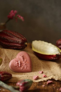 Tahta bir masada çikolata, kakao meyvesi.