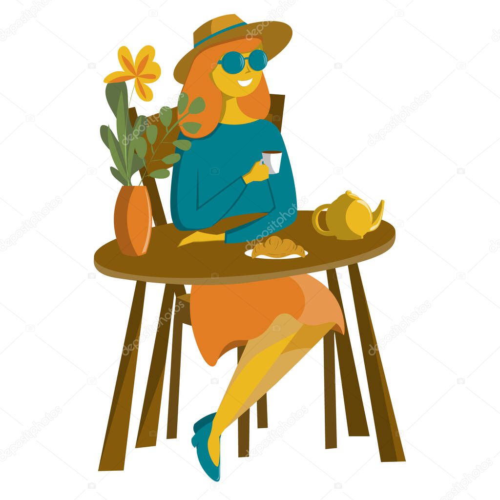 A young woman sits at a table and drinks coffee. Illustration in a flat style