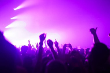 Parlak sahne ışıkları önünde konser kalabalığının siluetleri