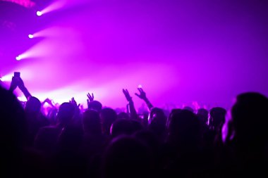 Parlak sahne ışıkları önünde konser kalabalığının siluetleri