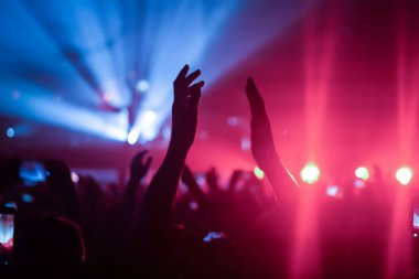 Parlak sahne ışıkları önünde konser kalabalığının siluetleri