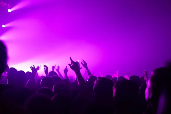 Siluetas de la multitud de conciertos frente a luces de escenario brillantes — Foto de Stock