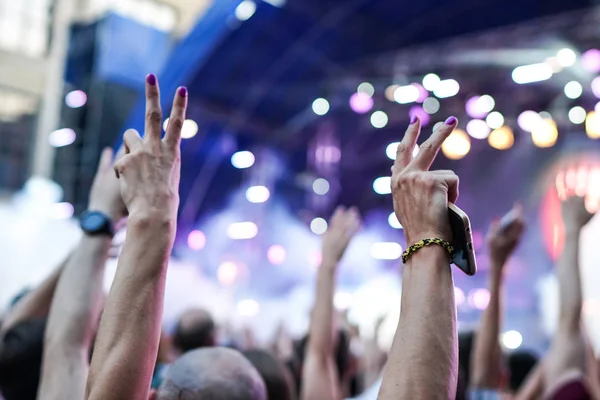 Audiência de gravação de vídeo da banda no celular em concerto . — Fotografia de Stock