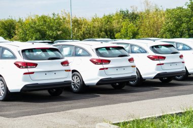 Renk sınıflandırma ile hisse senedi Closeup fotoğraf yeni araçlarda. Üst üste Satılık yepyeni arabalar. Otomobil endüstrisi.