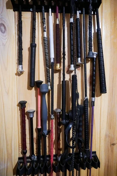 Set of old whips, equestrian warehouse — Stock Photo, Image